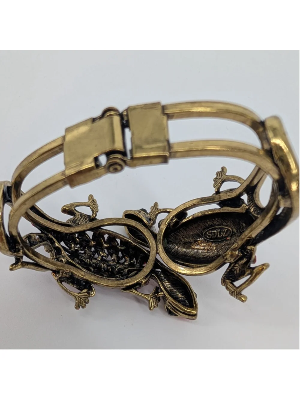 Lizard Rhinestone Hinged Cuff Bracelet Red Pink Gold Tone Statement Signed SDLZ